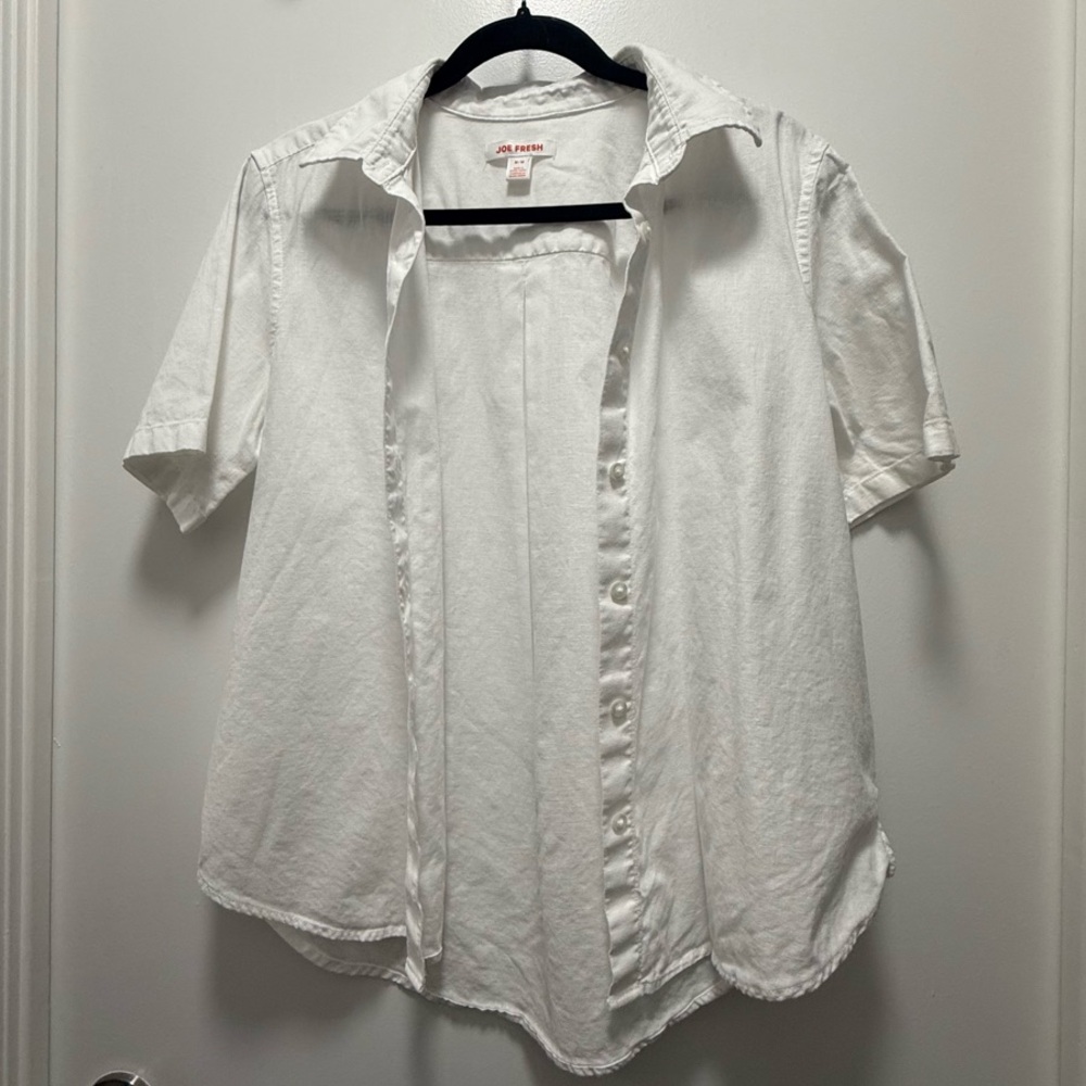 Cotton and Linen Blend White Short Sleeve Button Down Shirt
